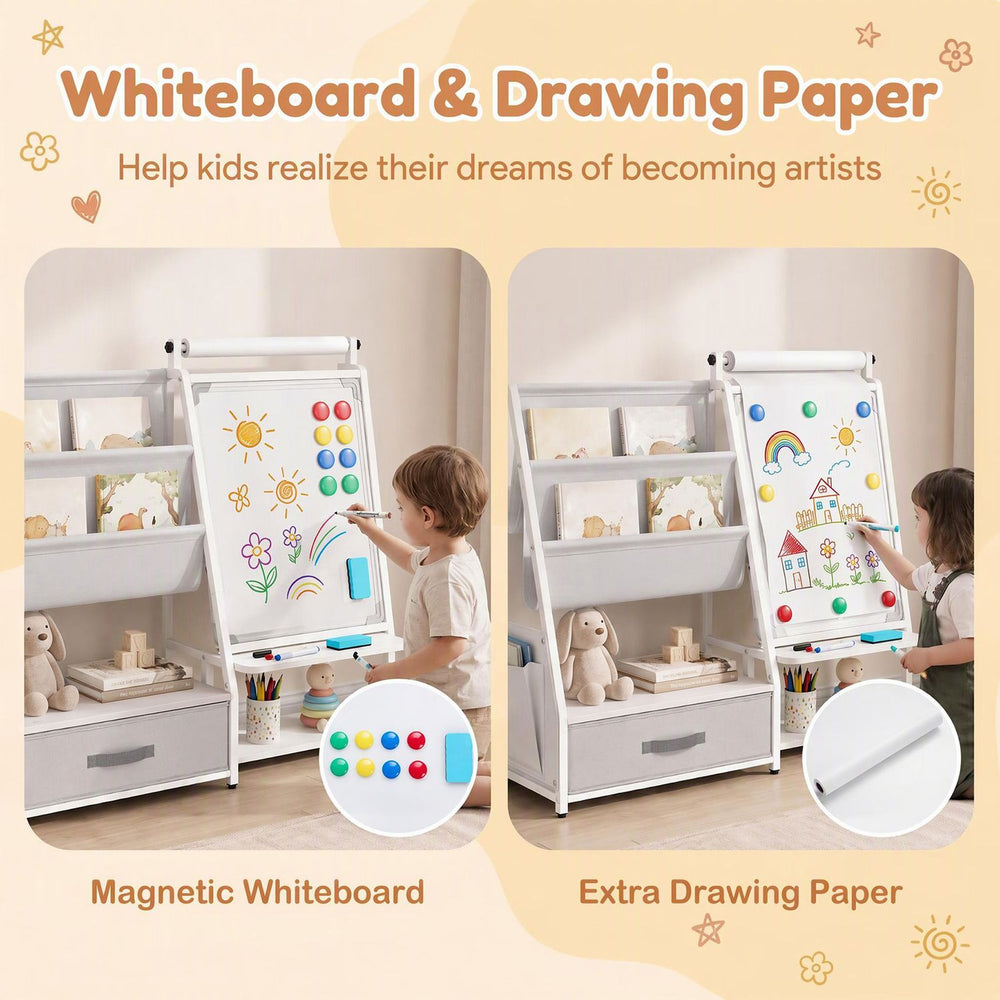 Kids bookshelf art easel with magnetic whiteboard and extra drawing paper, featuring storage for toys and art supplies.