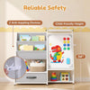 Kids bookshelf art easel with toy organizer features a 34" height, magnetic whiteboard, and 2 anti-toppling devices for safety.