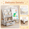 Kids bookshelf art easel in gray features rounded corners, adjustable foot pads, and multiple storage options for toys and books.