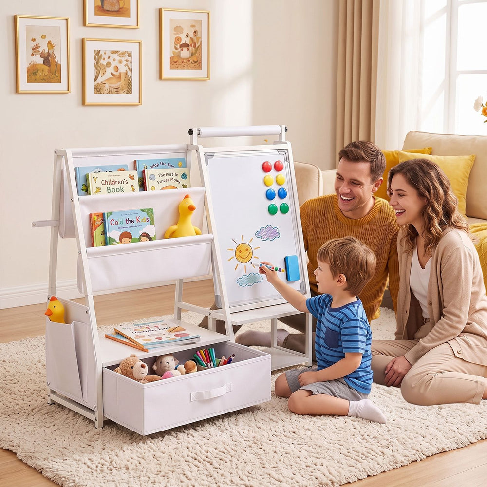 Kids Bookshelf Art Easel with Toy Organizer and Magnetic Whiteboard-White - Gallery View 1 of 10