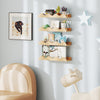 Natural fir wood floating nursery bookshelf set of 4, wave-shaped design for kids' room decoration and toy storage.