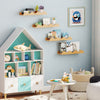 Natural fir wood floating bookshelf with wave edge, perfect for displaying photos and toys in kids' playrooms and.