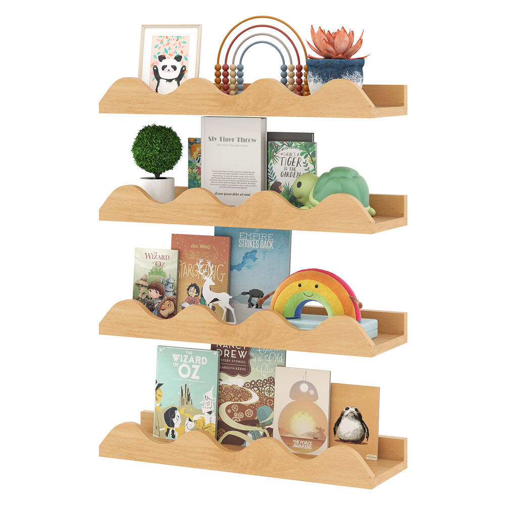 Natural fir wood floating nursery book shelves set of 4 with wave-shaped edges for toy and book storage in kids' rooms.