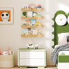 Natural fir wood floating nursery bookshelves displaying toys and books, perfect for kids' rooms and playrooms.