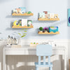Set of 4 natural fir wood floating nursery bookshelves with wave-shaped edges for kids' room decoration and storage.
