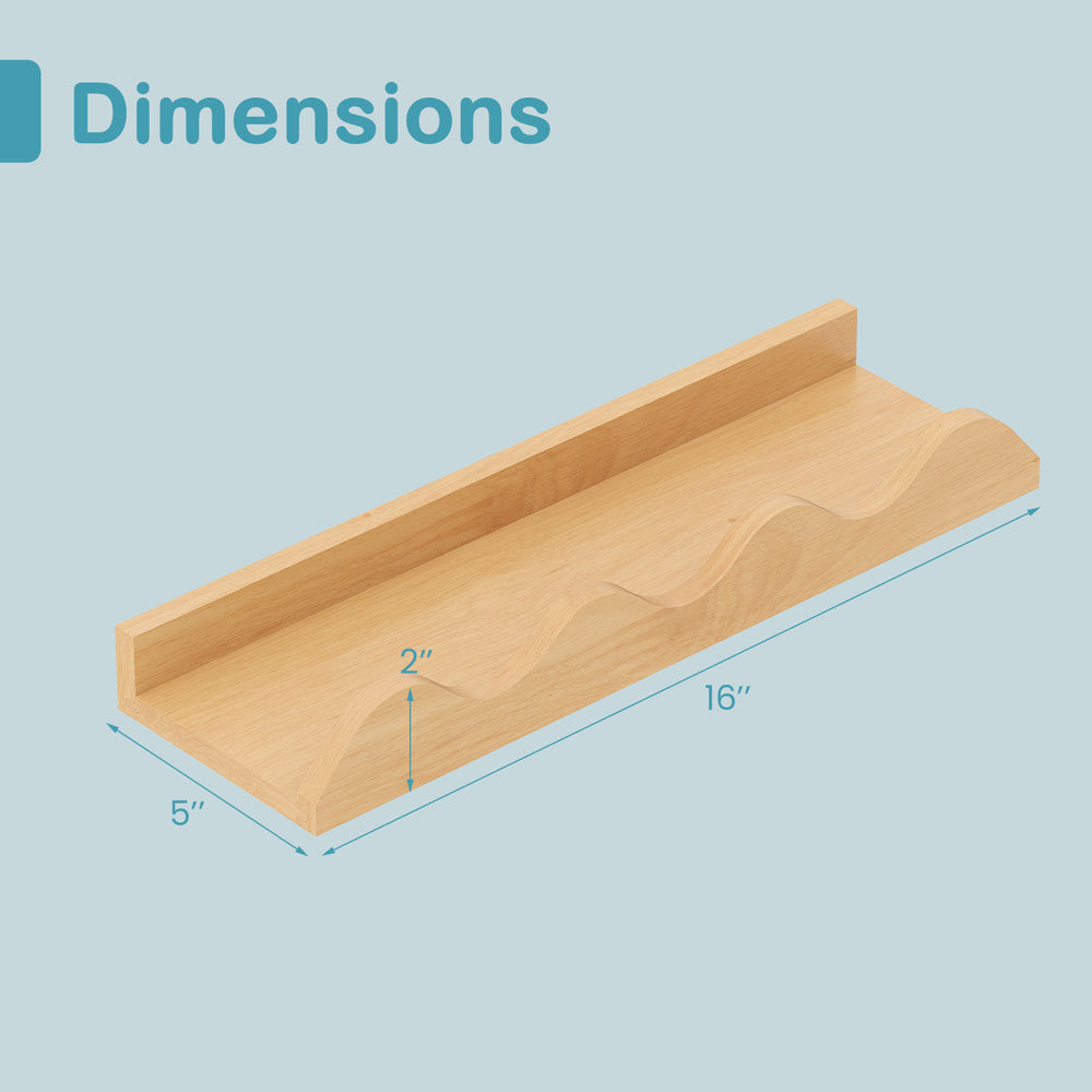 Wave-shaped edge of a 16-inch natural fir wood floating bookshelf, ideal for kids' rooms and decorative storage.