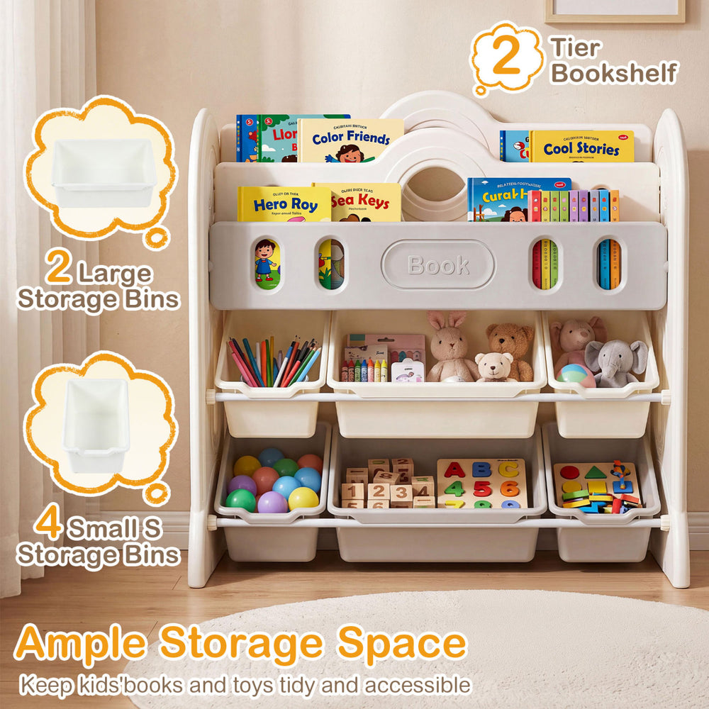 Kids bookshelf and toy storage organizer with 2 large and 4 small removable bins, perfect for playrooms and nurseries.