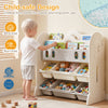 Kids bookshelf and toy storage organizer with 2 front-facing racks and 6 removable bins, crafted from BPA-free HDPE for safety.