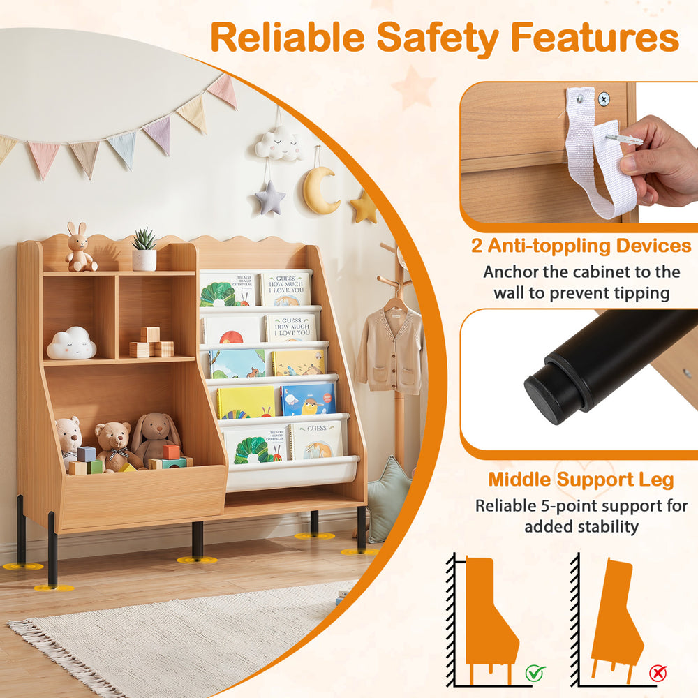 Kids bookshelf and toy storage organizer features 9 shelves, 5 fabric pockets, and anti-toppling devices for safety.