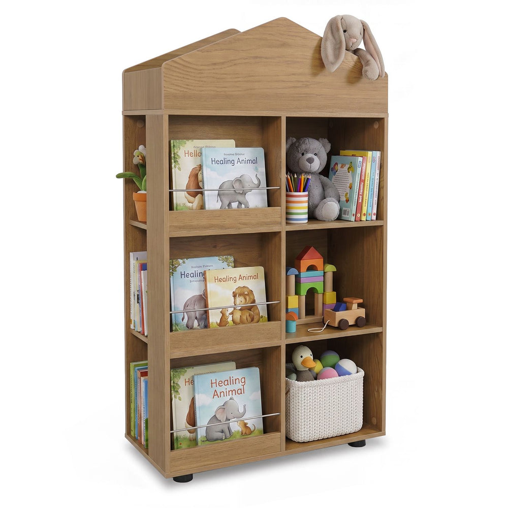 House-shaped kids bookshelf with 4 tiers, 6 cubbies, and protective rails for safe toy and book storage.