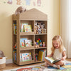 Natural wood kids bookshelf and toy organizer with a unique house shape, designed for fun storage in playrooms or bedrooms.