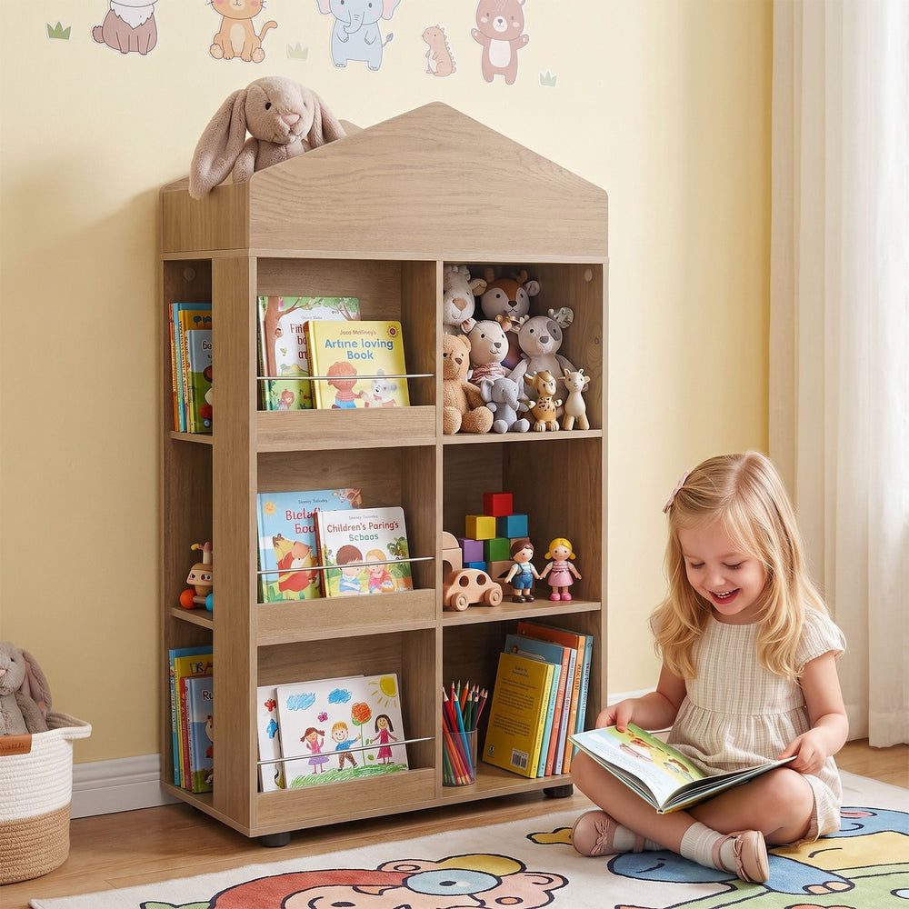 Natural wood kids bookshelf and toy organizer with a unique house shape, designed for fun storage in playrooms or bedrooms.