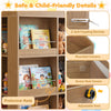 House-shaped kids bookshelf with 4 tiers, protective rails, and adjustable feet for safe toy and book storage.