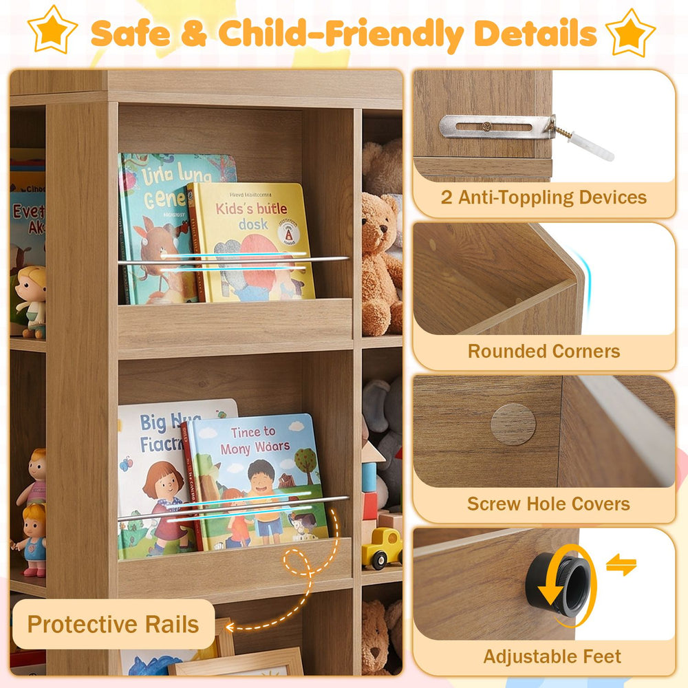 House-shaped kids bookshelf with 4 tiers, protective rails, and adjustable feet for safe toy and book storage.