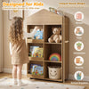 House-shaped kids bookshelf and toy storage organizer with 4 tiers and cubbies for books, toys, and snacks.