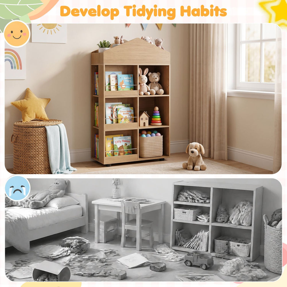 House-shaped kids bookshelf and toy storage organizer featuring 4 tiers, 6 cubbies, and child-friendly design for playrooms.