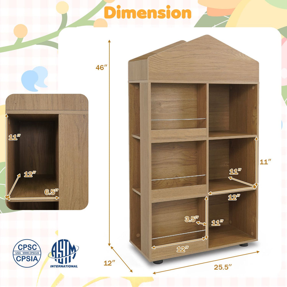 House-shaped kids bookshelf with 4 tiers, 6 cubbies, and natural finish, perfect for playroom or toddler bedroom organization.