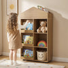 House-shaped kids bookshelf and toy storage organizer with 4 tiers and 6 cubbies, perfect for playrooms or bedrooms.
