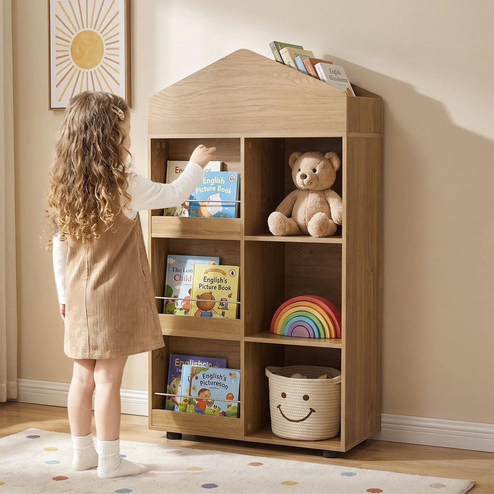 Kids Bookshelf and Toy Storage Organizer 4-Tier House-Shaped Toddler Bookcase-Natural - Gallery View 1 of 10