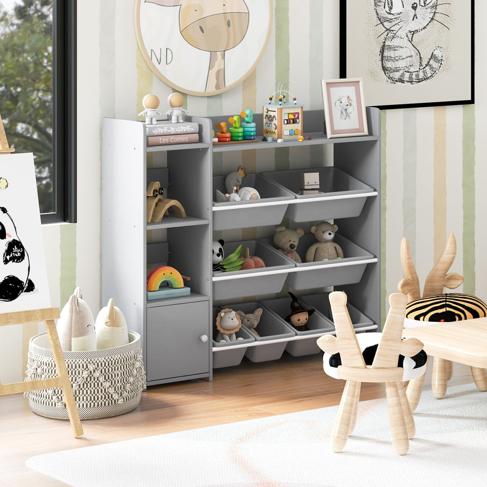 4-Tier Kids Bookshelf and Toy Storage Rack with 8 Toy Organizer Bins-Grey - Gallery View 1 of 10