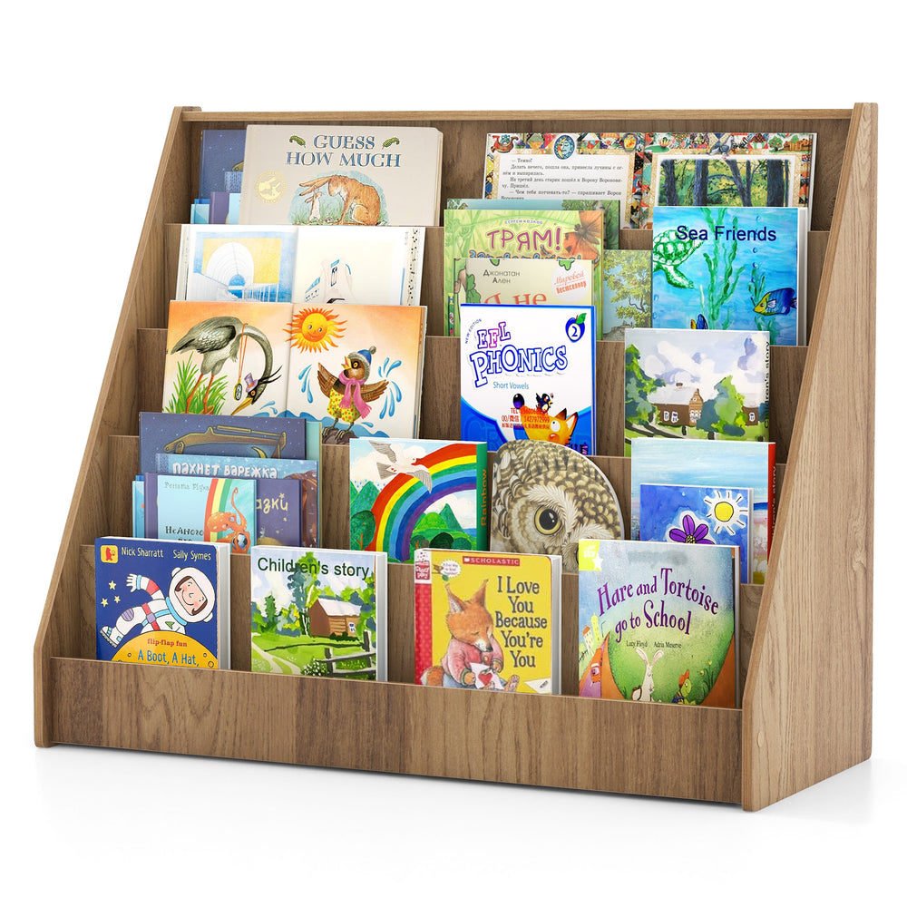 5-tier kids bookshelf in natural finish with deep compartments, perfect for organizing oversized picture books and.