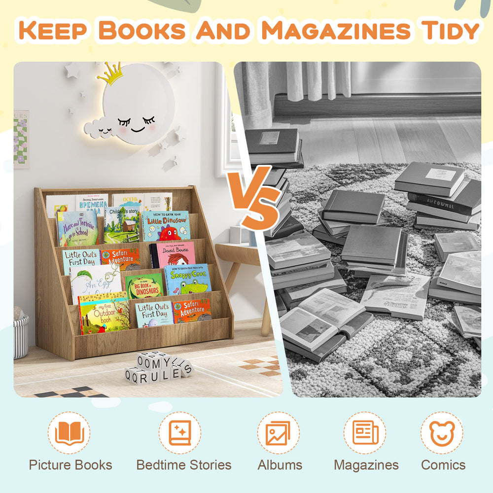 5-tier natural kids bookshelf with deep compartments, perfect for organizing picture books and magazines in playrooms.
