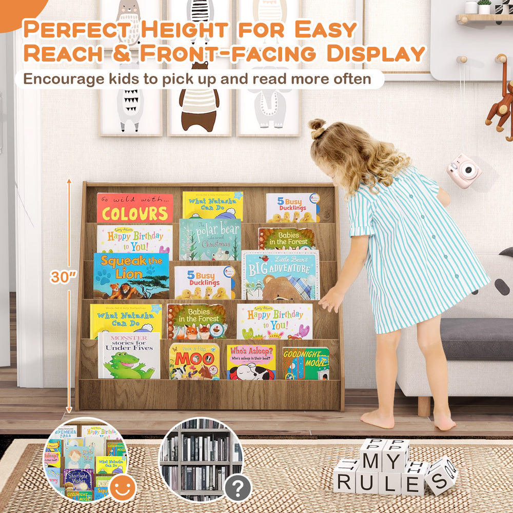 5-tier kids bookshelf with deep compartments, front-facing display for easy access, perfect for playrooms and nurseries.