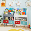 Kids bookshelf with open compartments and drawers in gray, designed for toddlers to organize books and toys safely.