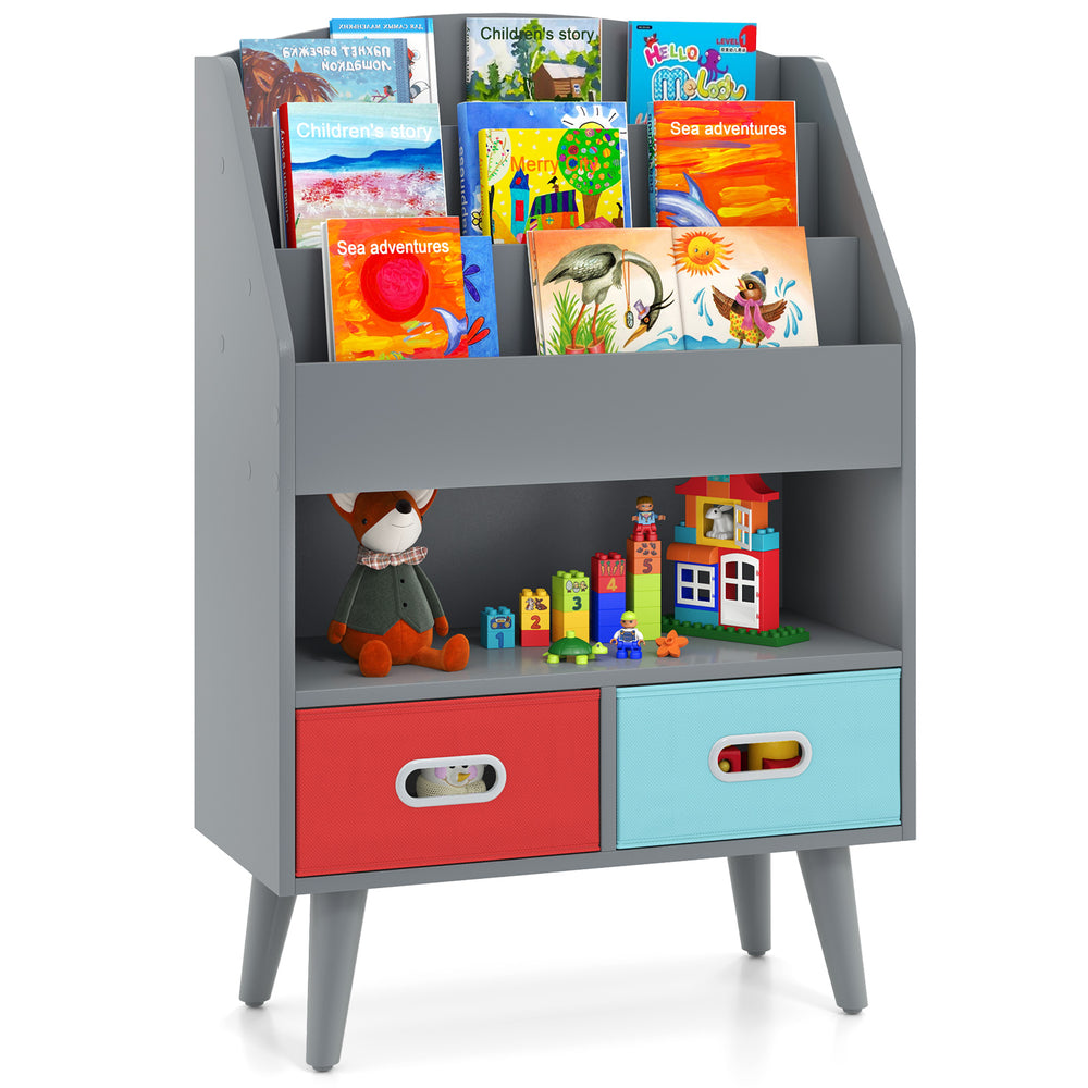 Gray kids bookshelf with open compartment, two fabric drawers, and toys, perfect for organizing books and toys for.