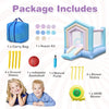 Kids bounce house with slide and basketball rim, includes 480W blower, carry bag, and repair kit for outdoor fun.