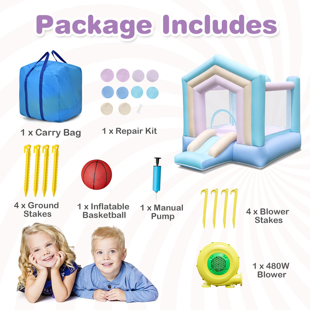 Kids bounce house with slide and basketball rim, includes 480W blower, carry bag, and repair kit for outdoor fun.