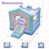 Kids bounce house with slide and basketball rim, featuring pastel colors and durable 840D PVC-coated Oxford cloth.