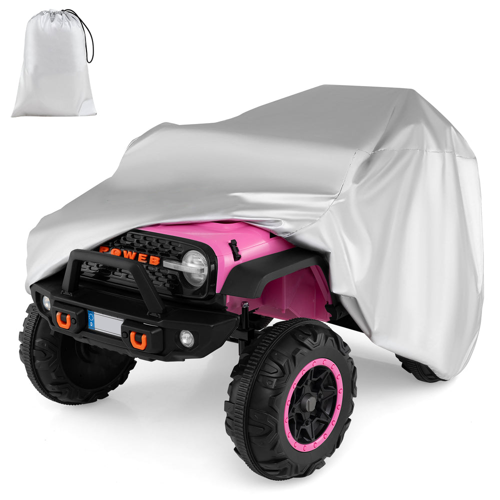 Kids car cover in silver polyester taffeta, weather-resistant, fits various ride-on cars, includes storage bag.