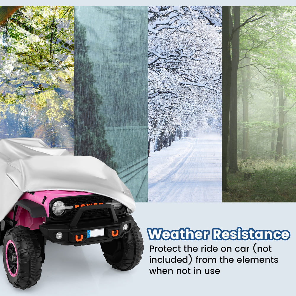 Kids car cover for power ride-on toy, weather-resistant silver polyester, fits various sizes, includes storage bag.