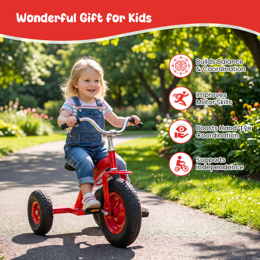 Kids carbon steel bike in red with 15-inch inflatable tires, designed for stability and improving motor skills outdoors.