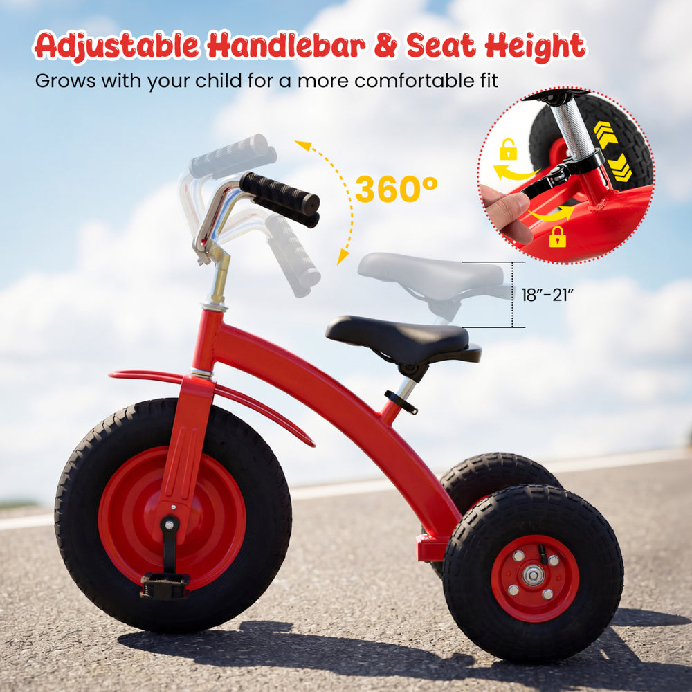 Kids carbon steel bike in red with adjustable handlebar and seat height, featuring 15-inch inflatable rubber tires.