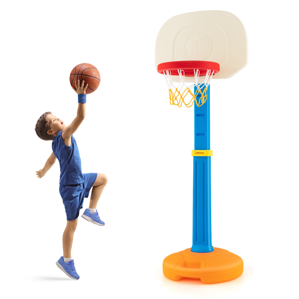 Kids basketball hoop stand with adjustable height, made of durable HDPE, suitable for indoor and outdoor play.