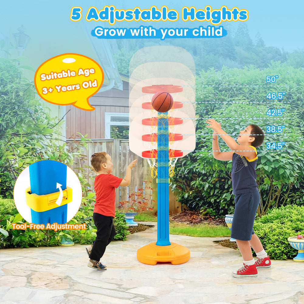Kids basketball hoop stand with adjustable height from 34.5" to 50" for indoor and outdoor play. Durable and.