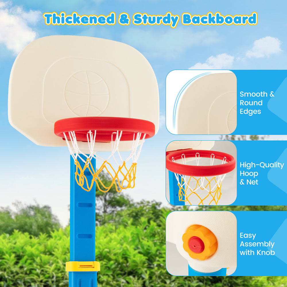 Kids basketball hoop stand with adjustable height, durable HDPE material, and weather-resistant design for indoor and.