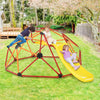 Kids climbing dome with slide in orange, featuring a sturdy steel frame and fabric cushion, perfect for outdoor play.