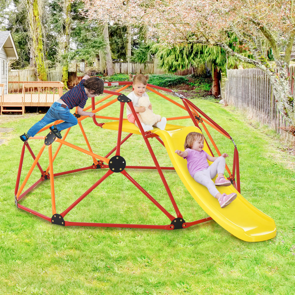 Kids climbing dome with slide in orange, featuring a sturdy steel frame and fabric cushion, perfect for outdoor play.