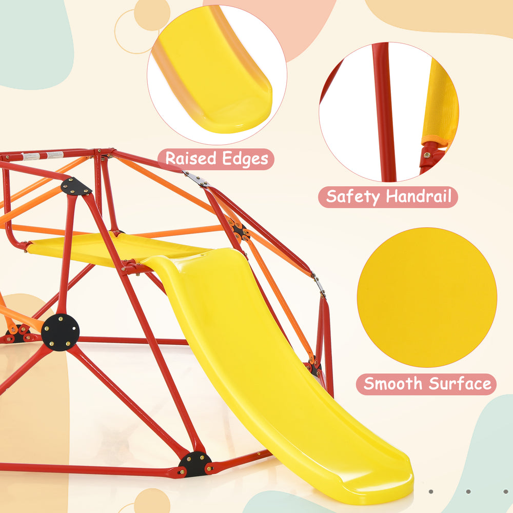 Kids climbing dome with smooth yellow slide, safety handrails, and raised edges for safe outdoor play in the garden.