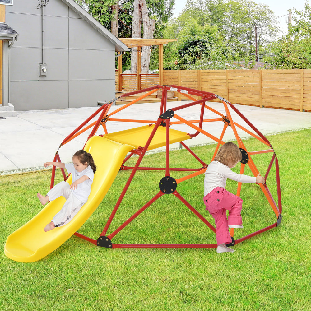 Kids climbing dome with orange slide and fabric cushion, designed for outdoor play in gardens and backyards.