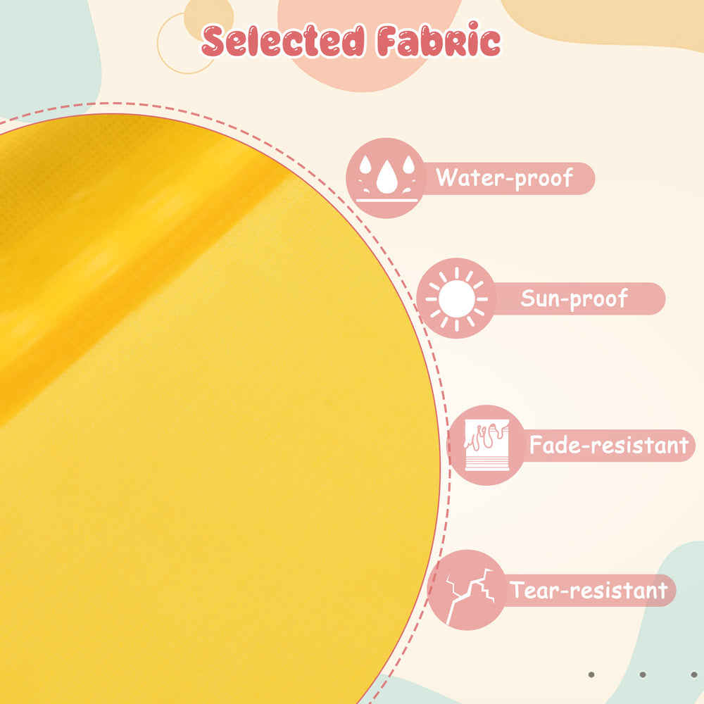Close-up of the orange fabric cushion, showcasing water-proof, sun-proof, and tear-resistant features for kids'.