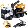 Licensed Scania construction truck set features lights, sounds, adjustable arm, and a tilting flatbed for immersive play.