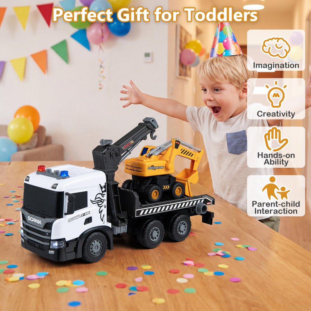 Licensed Scania construction truck set features lights, sounds, and adjustable parts for imaginative play and roleplay fun.