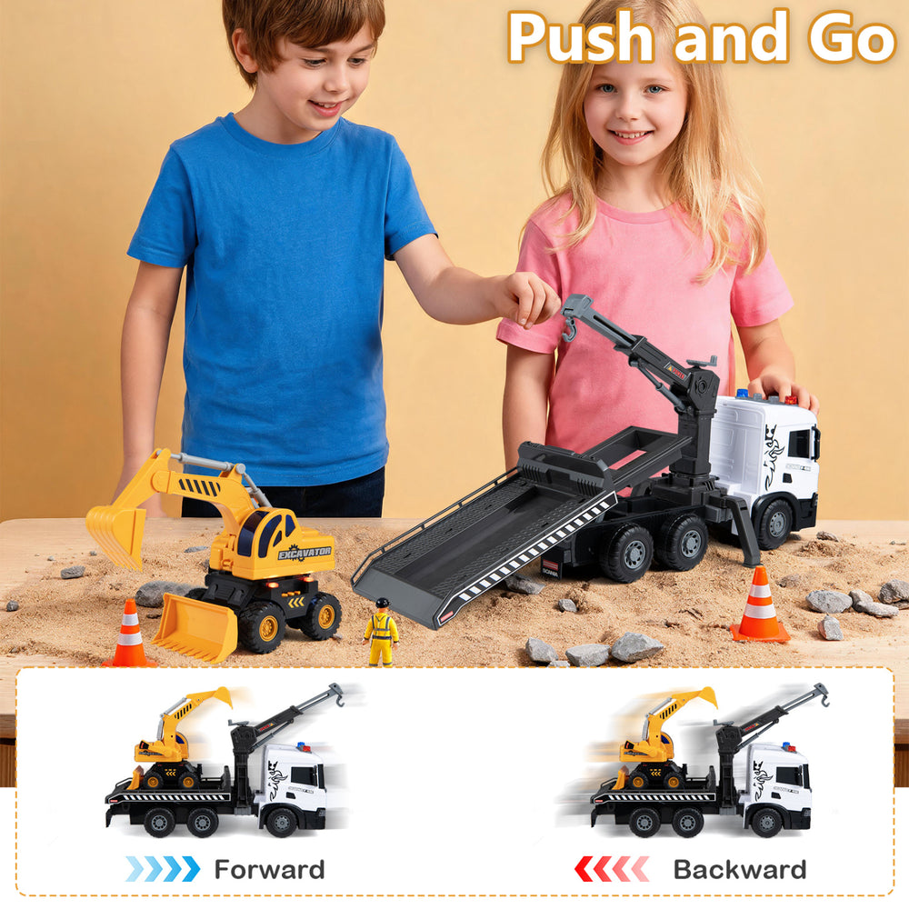 Licensed Scania construction truck set with sounds and lights features adjustable arm and push-and-go design for kids' play.