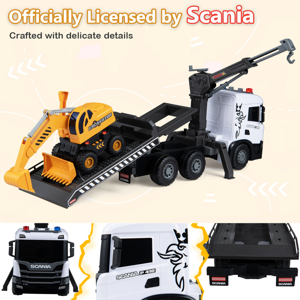 Licensed Scania construction truck set features sounds, lights, adjustable arm, and tilting flatbed for immersive play.