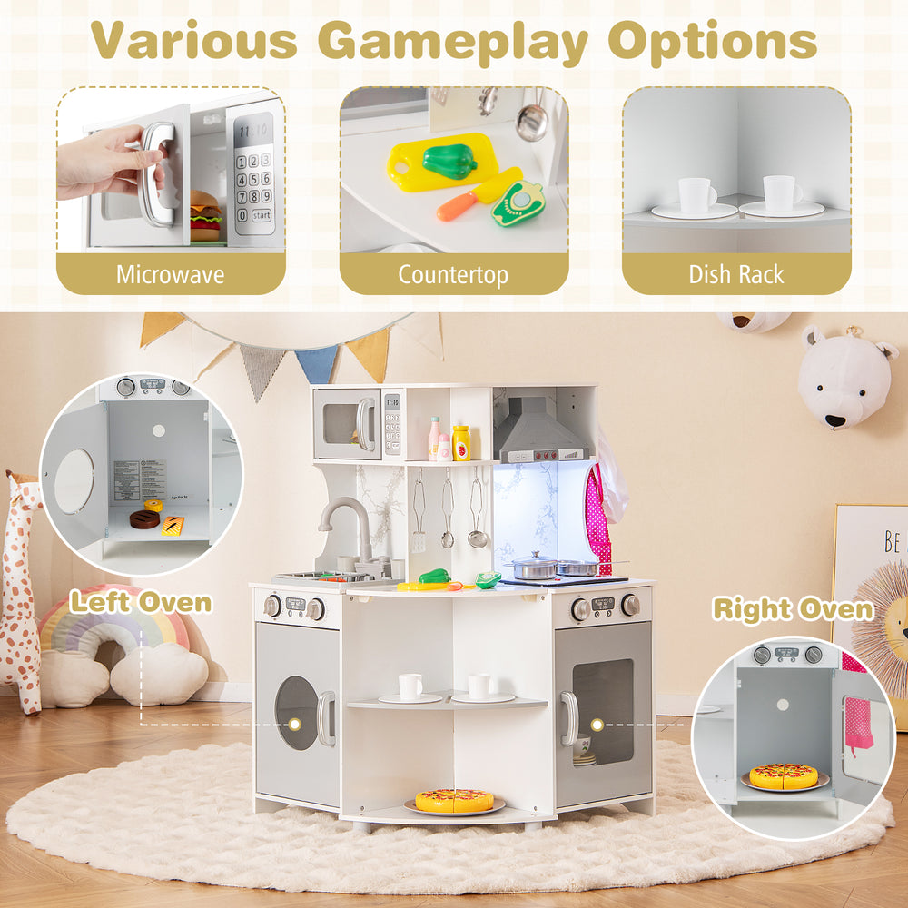 Kids Corner Wooden Play Kitchen in gray featuring a microwave, ovens, and engaging lights for imaginative play.