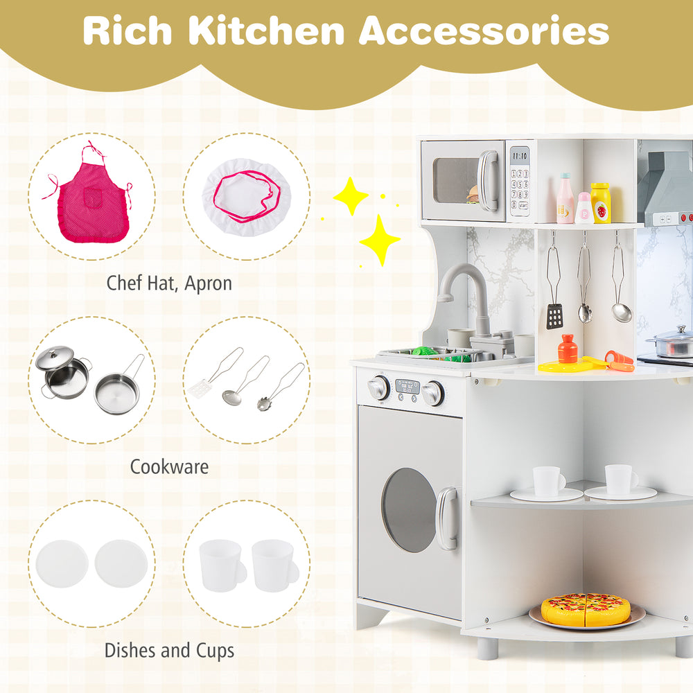 Kids kitchen accessories including chef hat, apron, cookware, and dishes for imaginative play in a gray wooden kitchen.